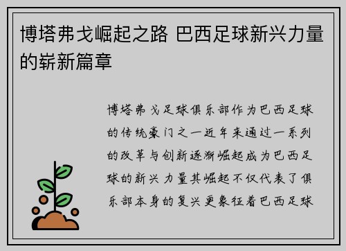 博塔弗戈崛起之路 巴西足球新兴力量的崭新篇章