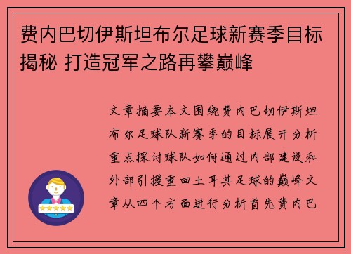 费内巴切伊斯坦布尔足球新赛季目标揭秘 打造冠军之路再攀巅峰