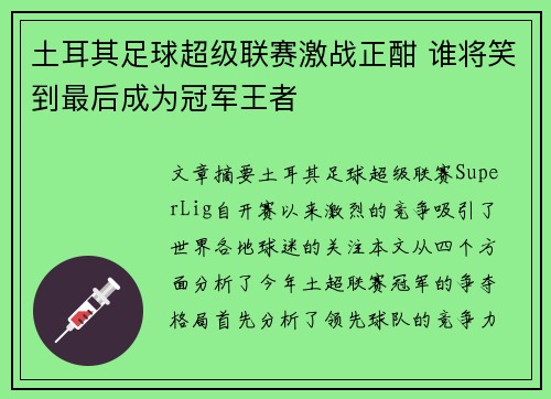 土耳其足球超级联赛激战正酣 谁将笑到最后成为冠军王者